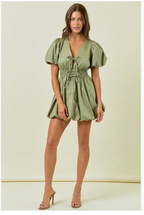 Chamille Puff Sleeve Tie Front Bubble Hem Mini Dress