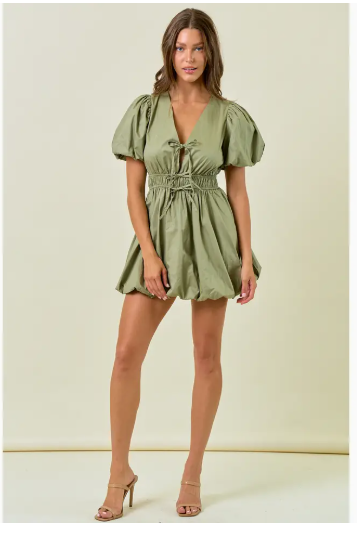 Chamille Puff Sleeve Tie Front Bubble Hem Mini Dress