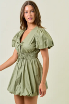 Chamille Puff Sleeve Tie Front Bubble Hem Mini Dress
