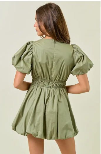 Chamille Puff Sleeve Tie Front Bubble Hem Mini Dress