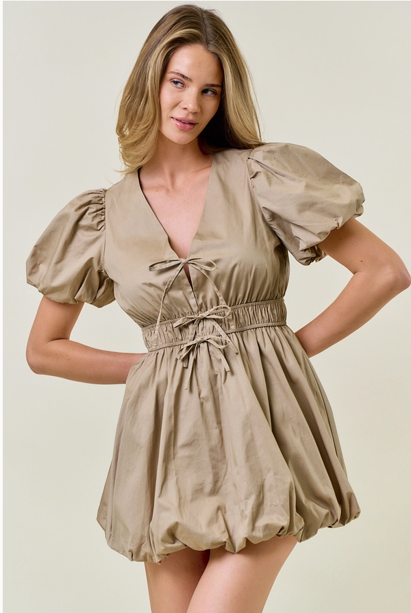 Chamille Puff Sleeve Tie Front Bubble Hem Mini Dress