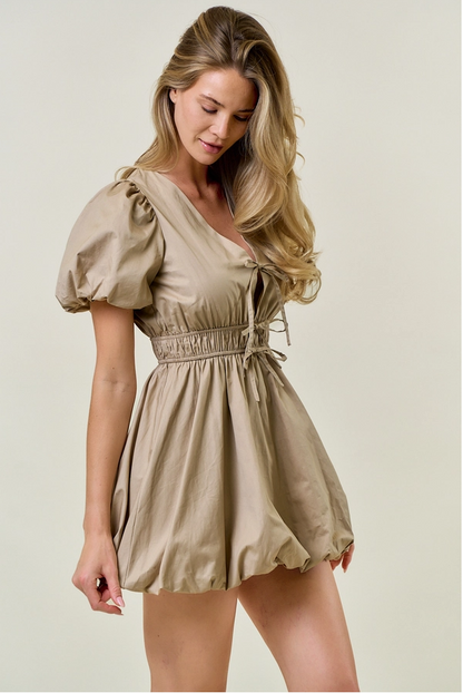 Chamille Puff Sleeve Tie Front Bubble Hem Mini Dress