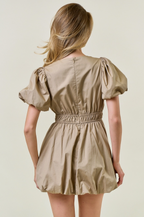 Chamille Puff Sleeve Tie Front Bubble Hem Mini Dress