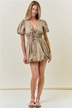 Chamille Puff Sleeve Tie Front Bubble Hem Mini Dress
