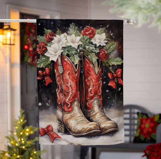 Red Christmas Cowboy Boots Suede Flag