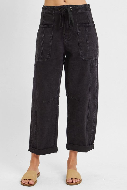 Risen Black High Rise Boyfriend Cuffed Barrel Jeans
