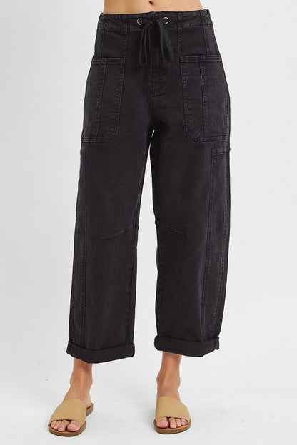 Risen Black High Rise Boyfriend Cuffed Barrel Jeans