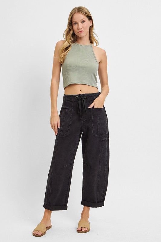 Risen Black High Rise Boyfriend Cuffed Barrel Jeans