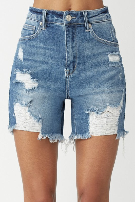 HIGH RISE MID THIGH DISTRESSED SHORTS RRISEN