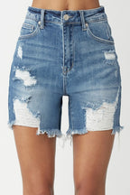 HIGH RISE MID THIGH DISTRESSED SHORTS RRISEN