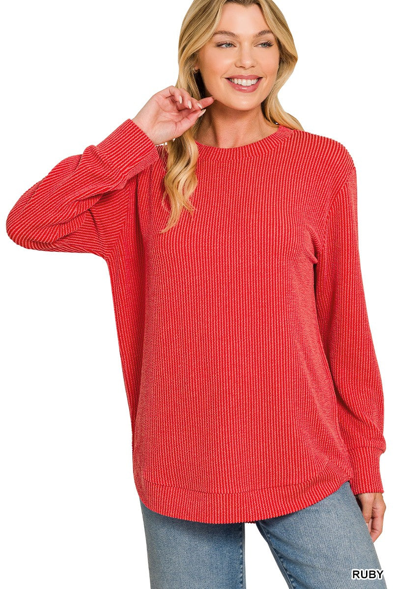 Raised Rib Round Neck Long Sleeve Top