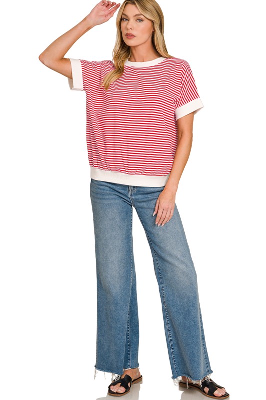 Stripe Contrast Trim Rib Banded Top Shorter Sleeve