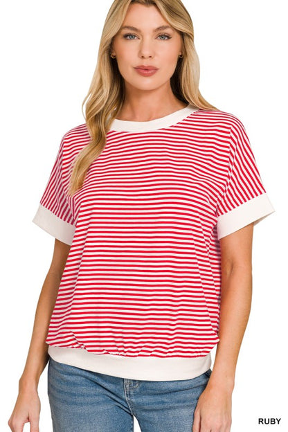 Stripe Contrast Trim Rib Banded Top Shorter Sleeve