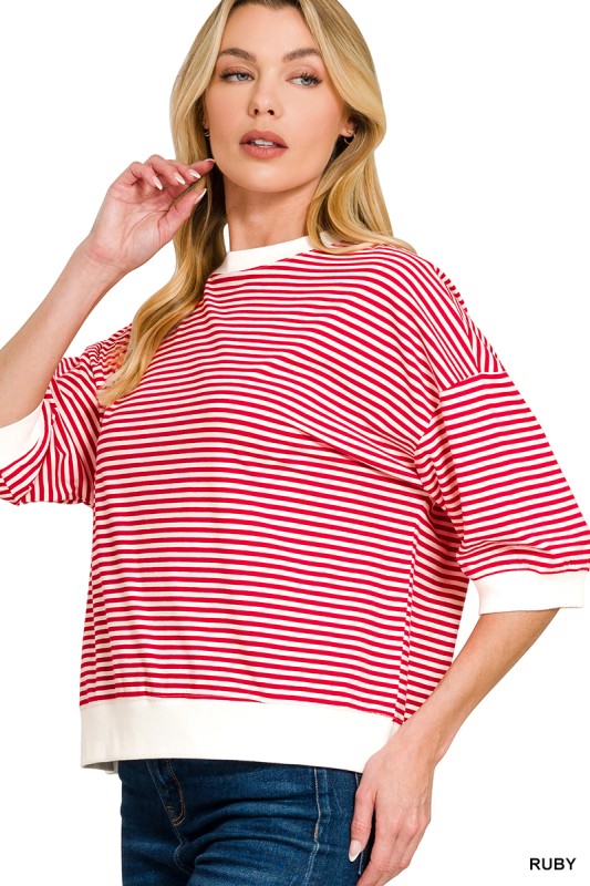 Striped Contrast Trim Rib Banded Top
