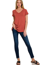 RAYON SHORT SLEEVE V-NECK ROUND HEM TOP