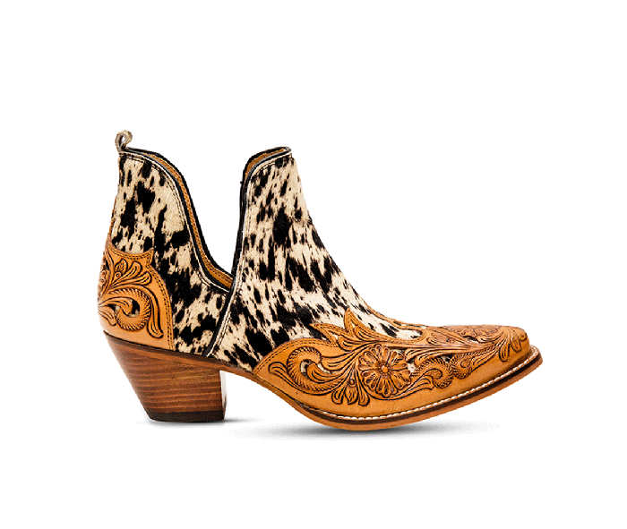 Myra Women's West Street White and Black Hair-On with Tooled Wingtip Snip Toe Booties