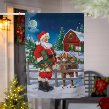 Santa & Highland Cow Suede Flag