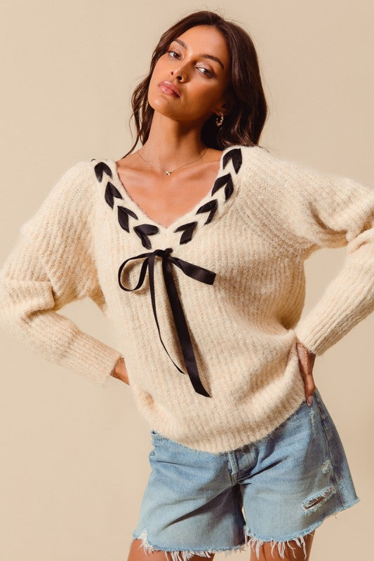 Satin Tape Braided Ribbon Tie V Neck Sweater Top