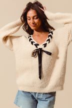 Satin Tape Braided Ribbon Tie V Neck Sweater Top