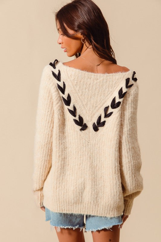 Satin Tape Braided Ribbon Tie V Neck Sweater Top