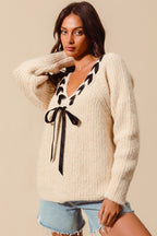 Satin Tape Braided Ribbon Tie V Neck Sweater Top