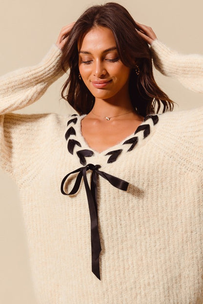 Satin Tape Braided Ribbon Tie V Neck Sweater Top