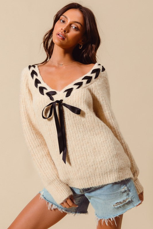Satin Tape Braided Ribbon Tie V Neck Sweater Top