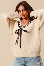 Satin Tape Braided Ribbon Tie V Neck Sweater Top