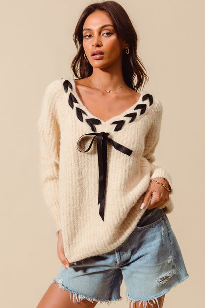 Satin Tape Braided Ribbon Tie V Neck Sweater Top