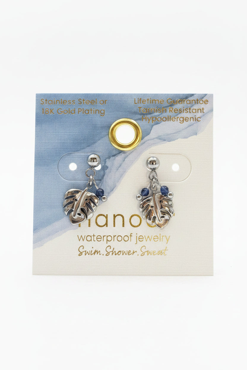 Waterproof Earrings Palm Leaf Lapis Stone Drop Narelle Gold
