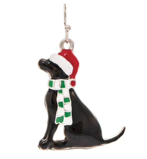 Silver Black Lab Santa Dog Earring