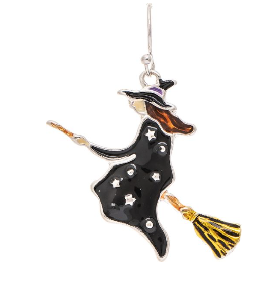 Silver Flying Witch on a Broomstick Earring