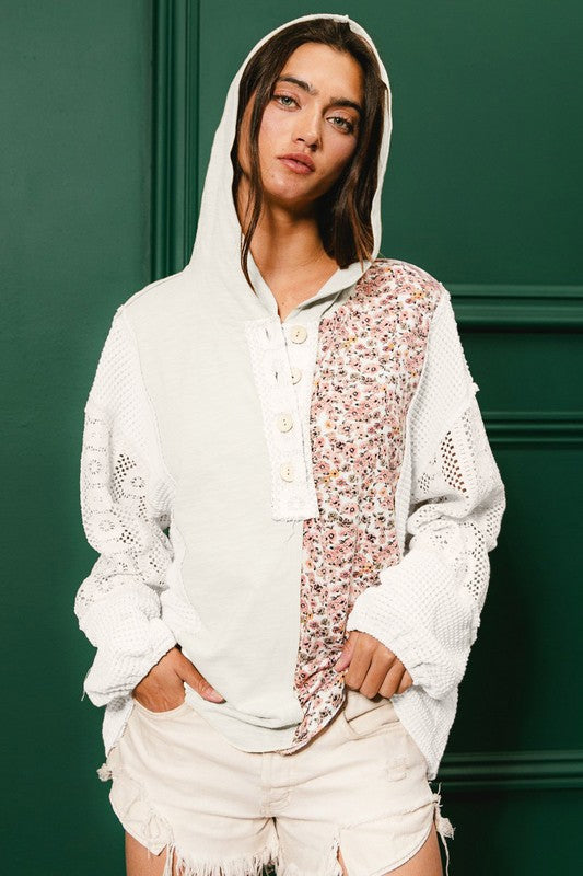 Slub Jersey With Lace Combo Buttoned Hoodie Top