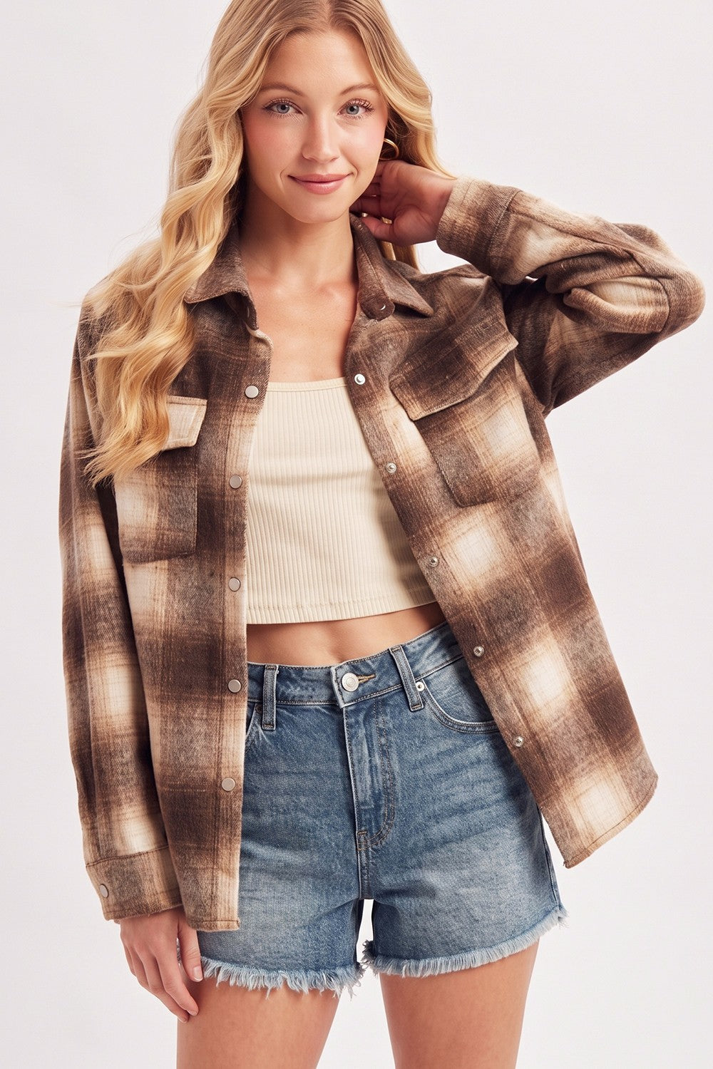 Snap Button Down Plaid Shacket