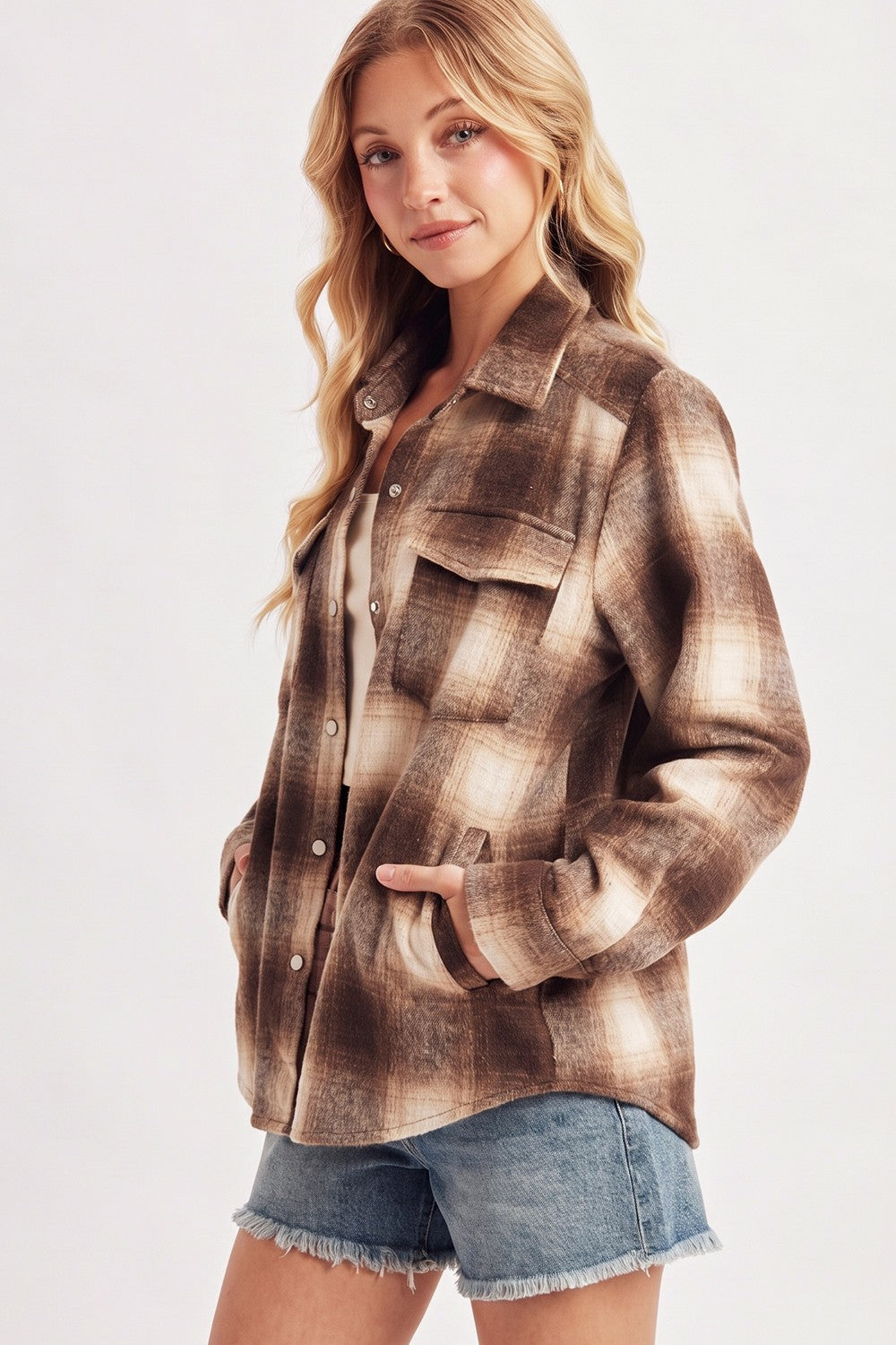 Snap Button Down Plaid Shacket