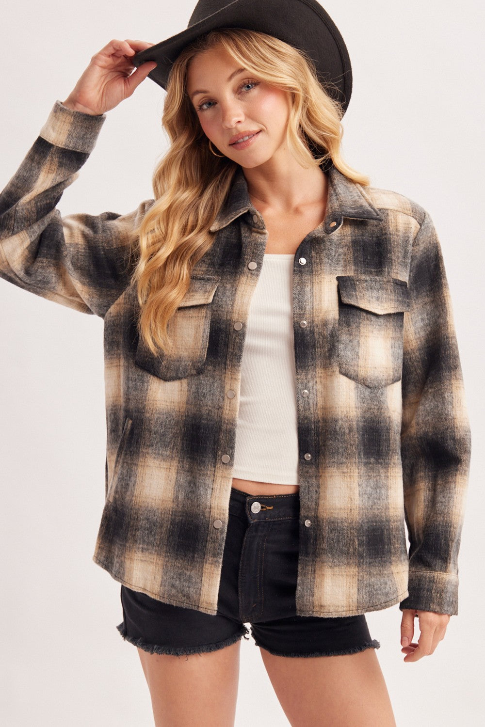 Snap Button Down Plaid Shacket
