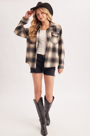 Snap Button Down Plaid Shacket