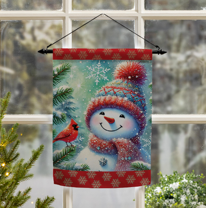 Snowman With Cardinal Friend Suede House Flag