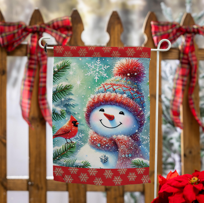 Snowman With Cardinal Friend Suede House Flag