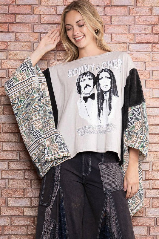 Sonny And Cher Print Pancho Sleeve Top