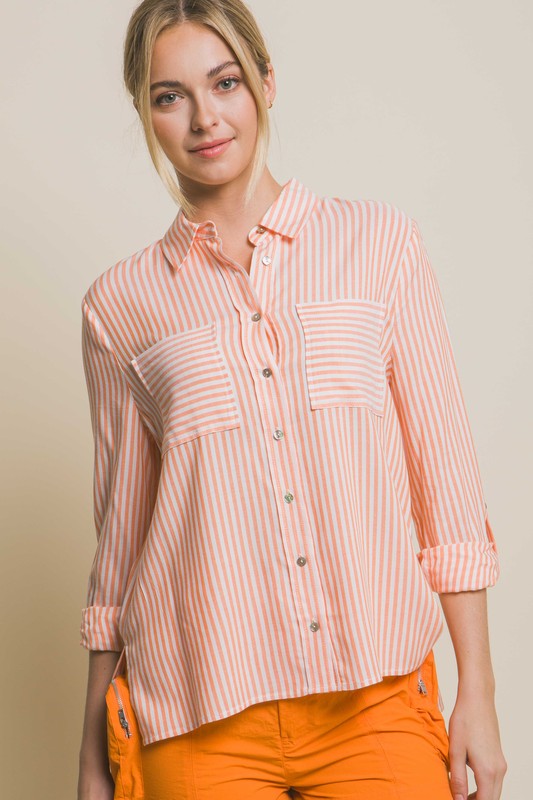 Striped Roll Up Long Sleeve Button Down Blouse
