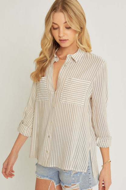 Striped Roll Up Long Sleeve Button Down Blouse