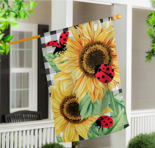 Sunflower Ladybugs Burlap Flag
