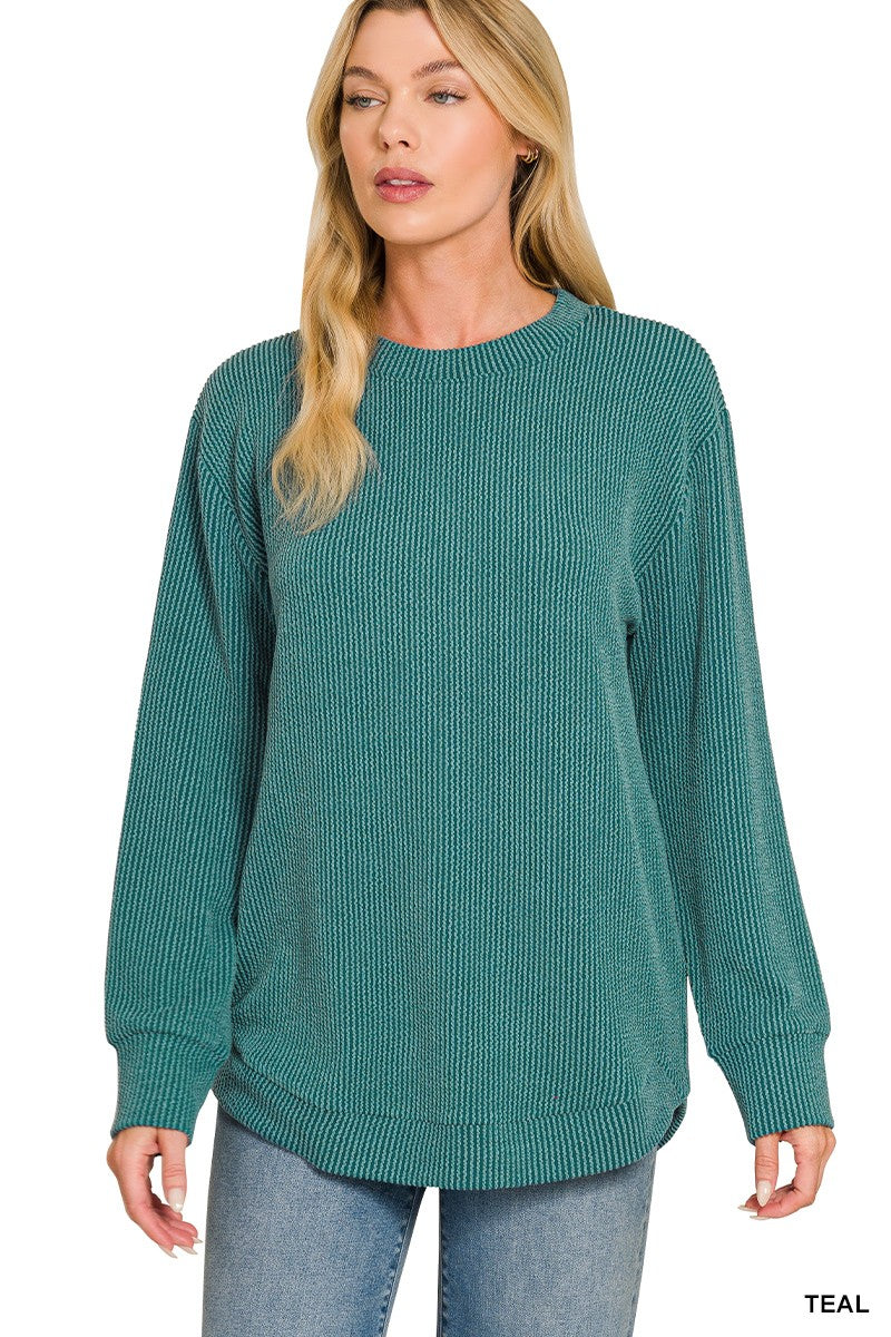 Raised Rib Round Neck Long Sleeve Top