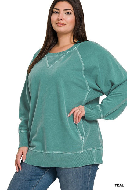 Plus PIGMENT DYED FRENCH TERRY PULLOVER WITH POCKETS