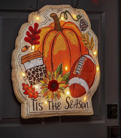 EVERGREEN DOOR HANGER  TIS' THE SEASON  LIGHTED DECOR DECORATIONS