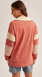 BRUSHED JERSEY STRIPE MIX COLOR BLOCK PULLOVER