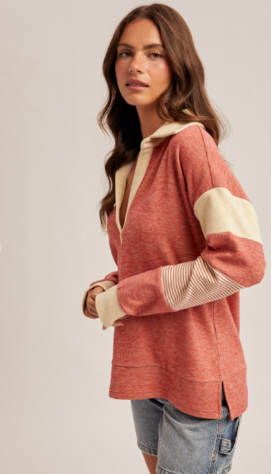 BRUSHED JERSEY STRIPE MIX COLOR BLOCK PULLOVER