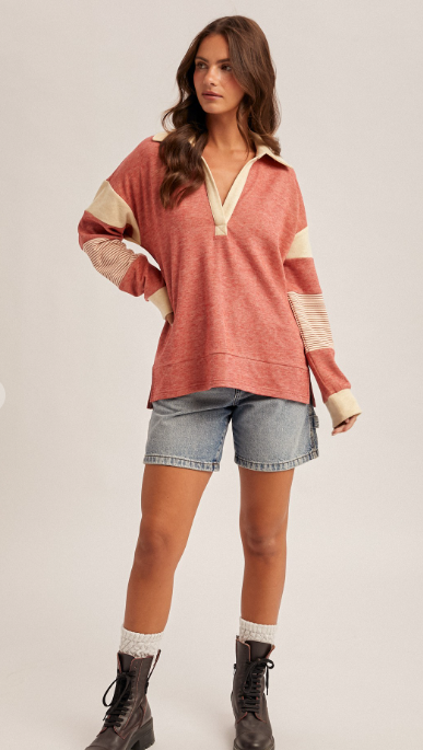 BRUSHED JERSEY STRIPE MIX COLOR BLOCK PULLOVER