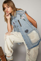 Oversize sleeveless embroidered denim vest